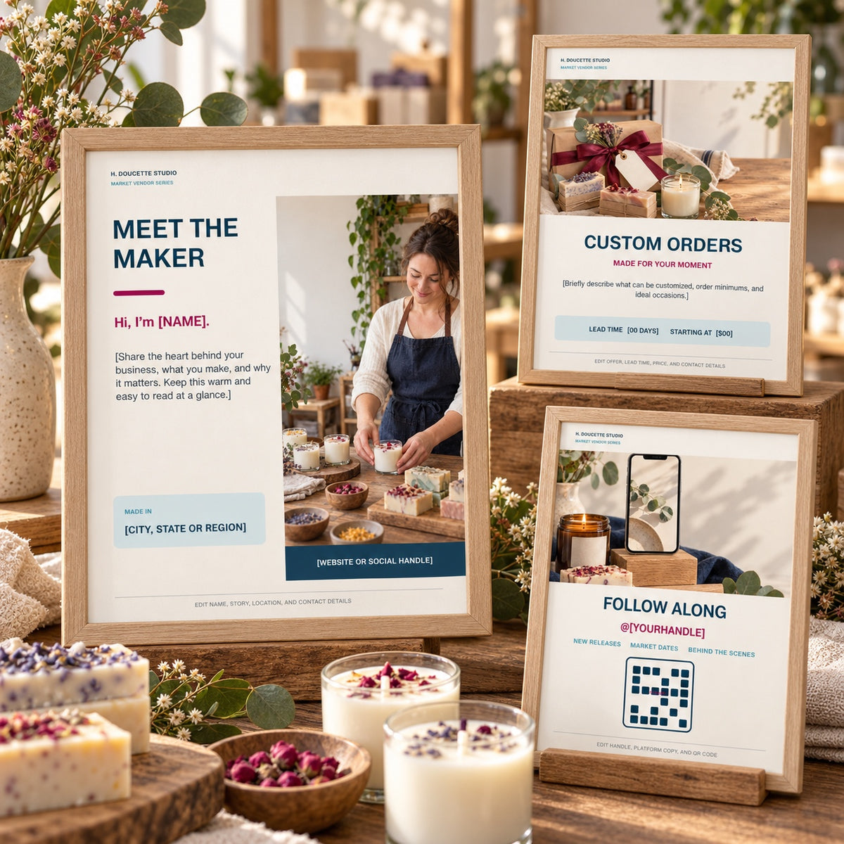 Coordinated Meet the Maker, Custom Orders, and Follow Along signs displayed with handmade candles and soaps
