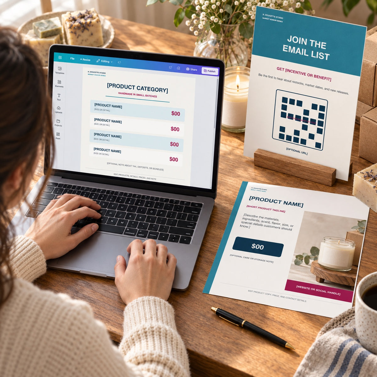 Small business owner editing the Booth Signage Canva Kit on a laptop beside printed product and email signs
