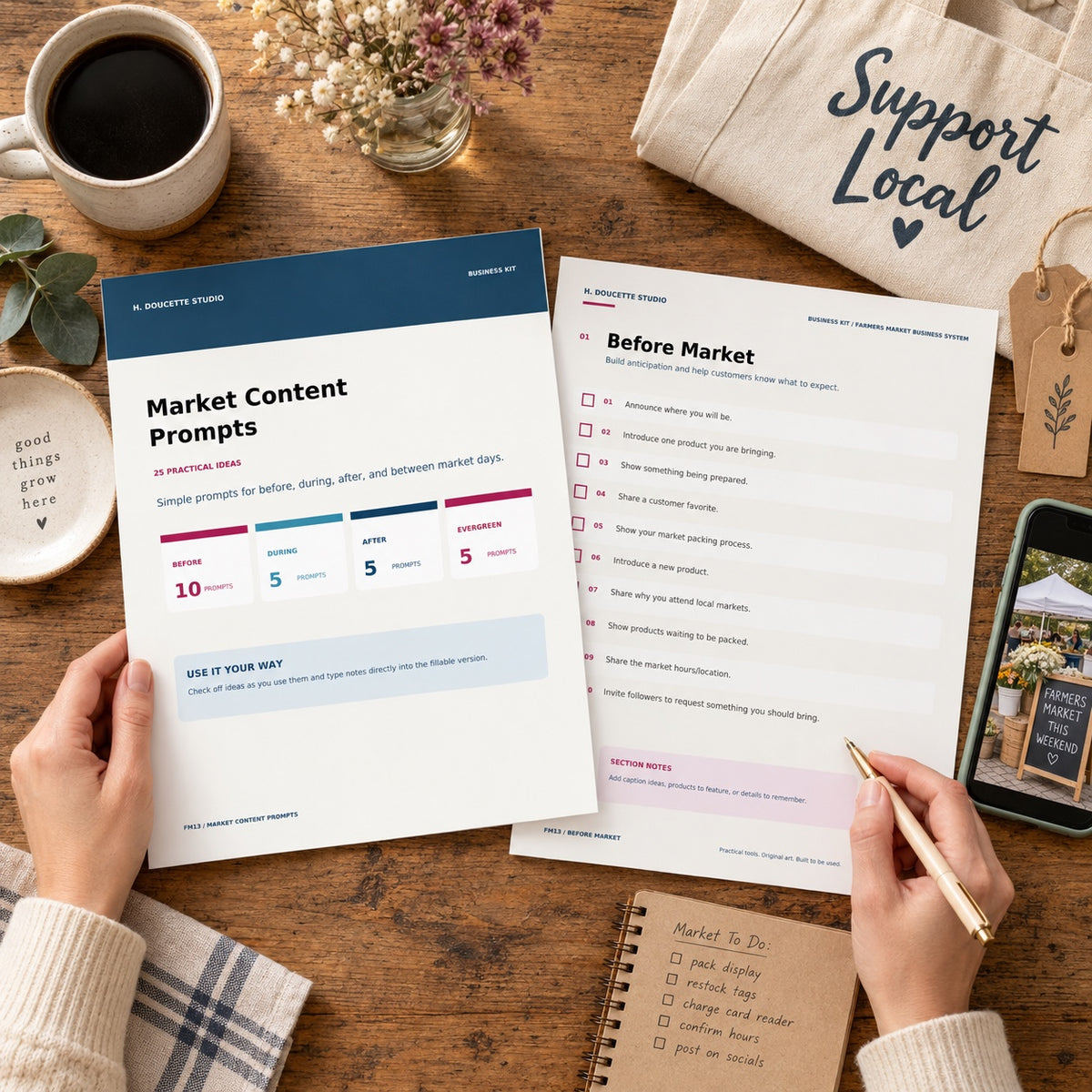 Farmers market vendor using the Market Content Prompts workbook with the cover and Before Market planning page