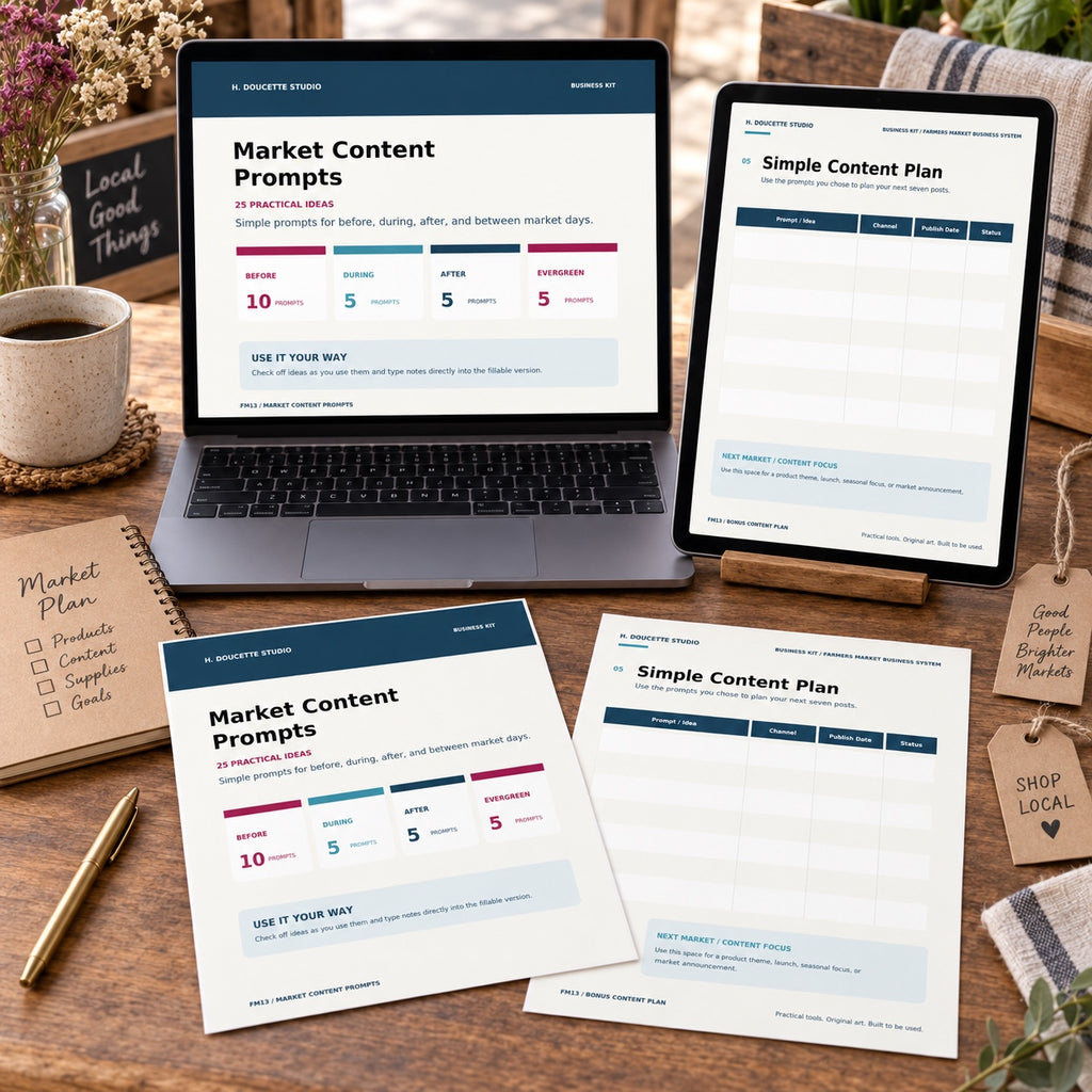 Market Content Prompts printable and fillable workbook displayed on a laptop, tablet, and printed planning pages