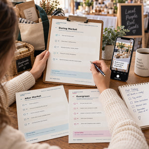Farmers market vendor planning a post with the Market Content Prompts workbook, one phone, and exactly two matching-sleeve hands
