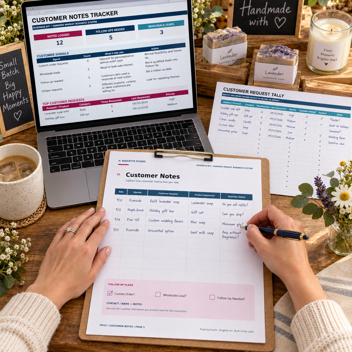 Customer Notes Tracker dashboard and printable customer notes page in use at a handmade market business