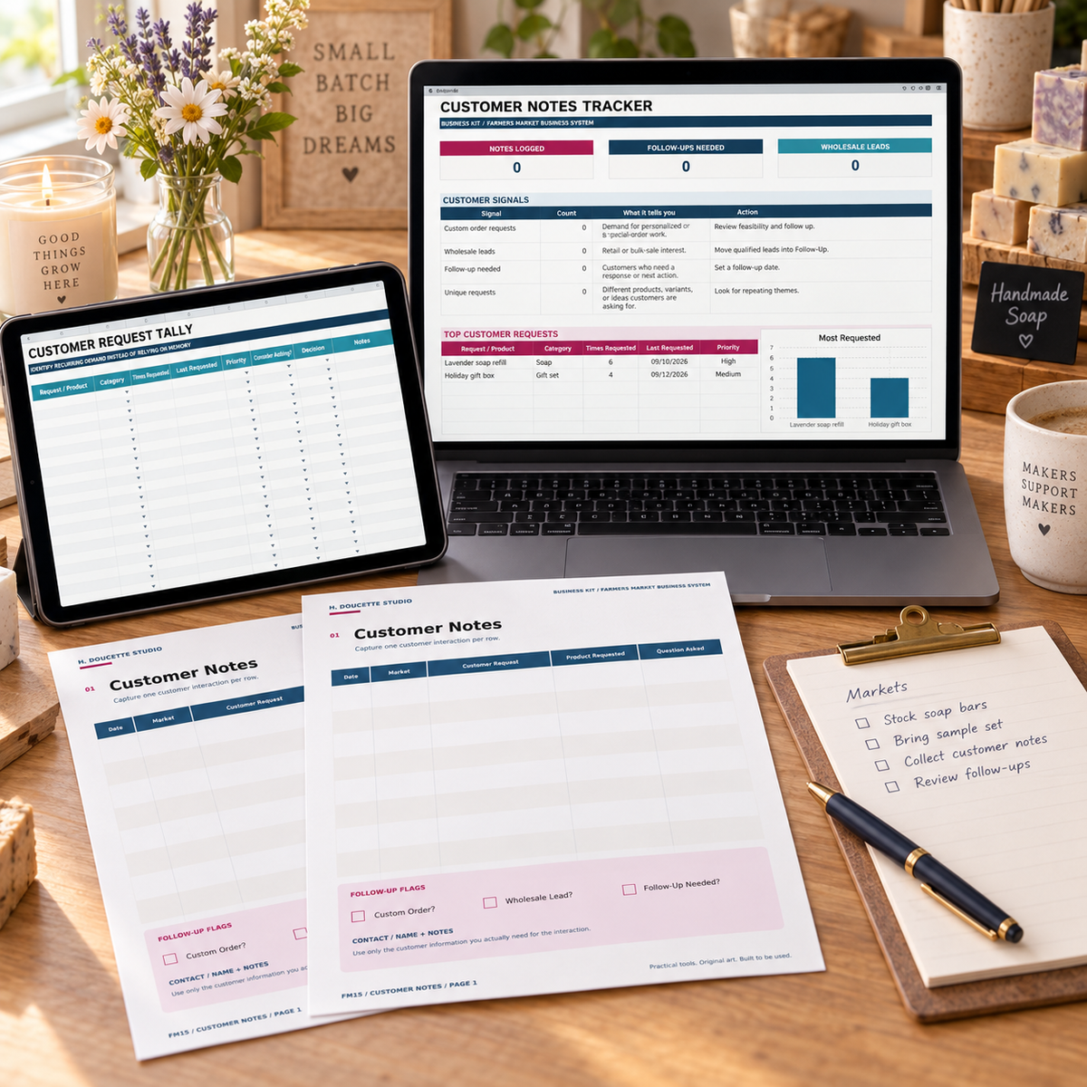 Customer Notes Tracker Excel dashboard, request tally, and printable worksheets arranged in a maker studio