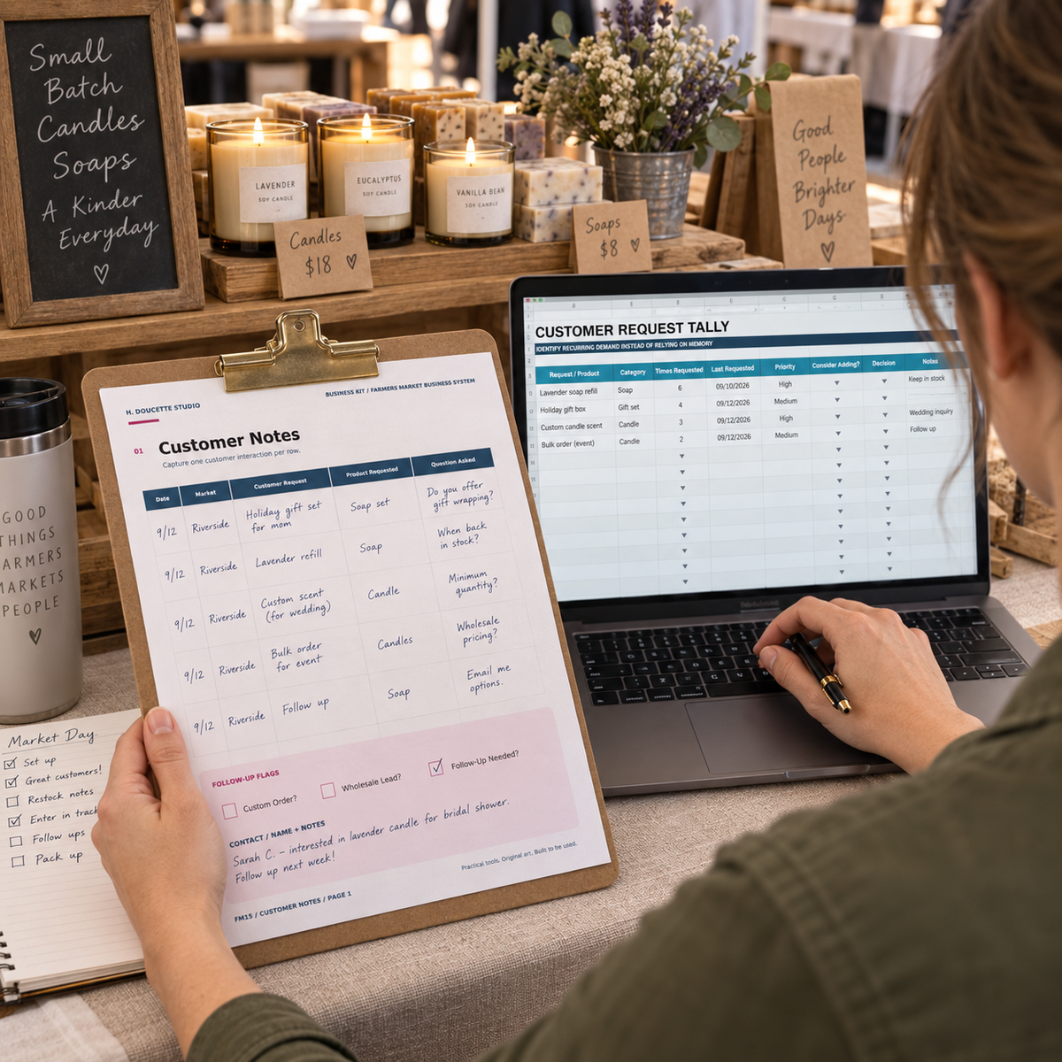 Farmers market vendor reviewing customer notes and request tally with exactly two natural hands