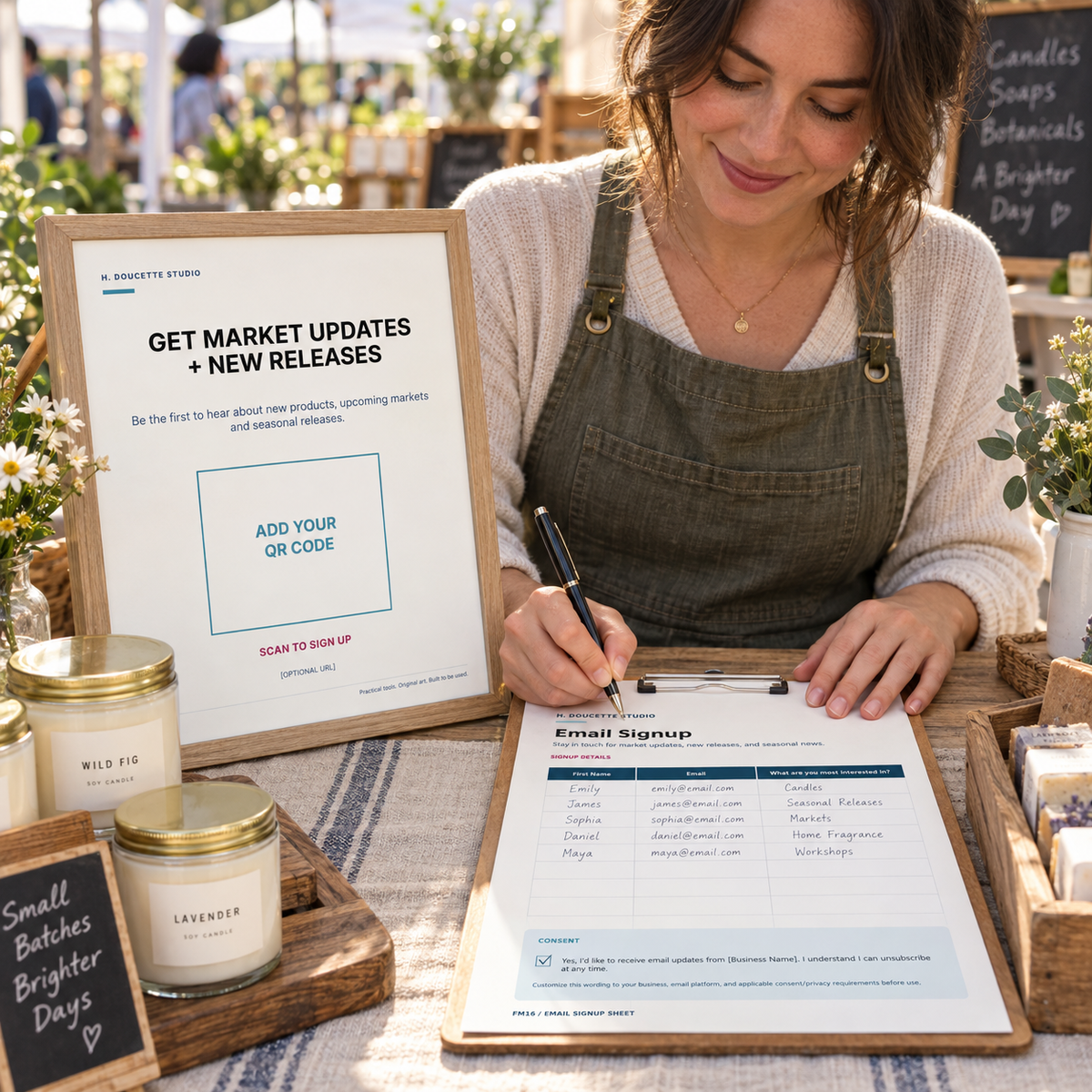 Farmers market vendor using the Email Signup System booth sign and consent-based signup sheet