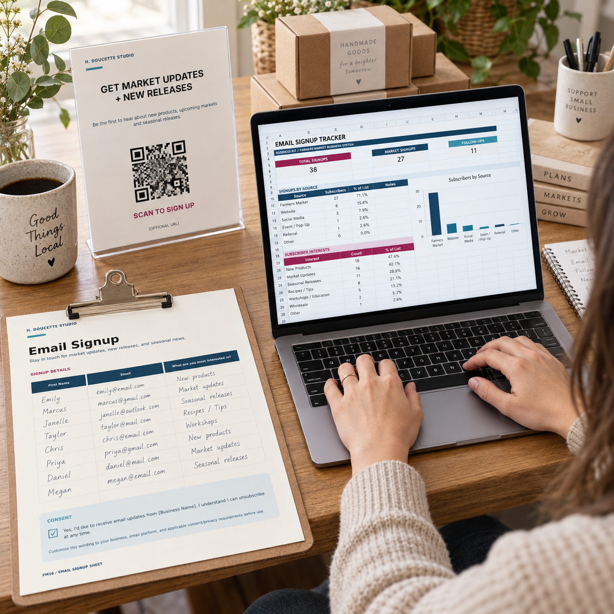 Market vendor transferring consented signups into the Email Signup Tracker with two natural hands