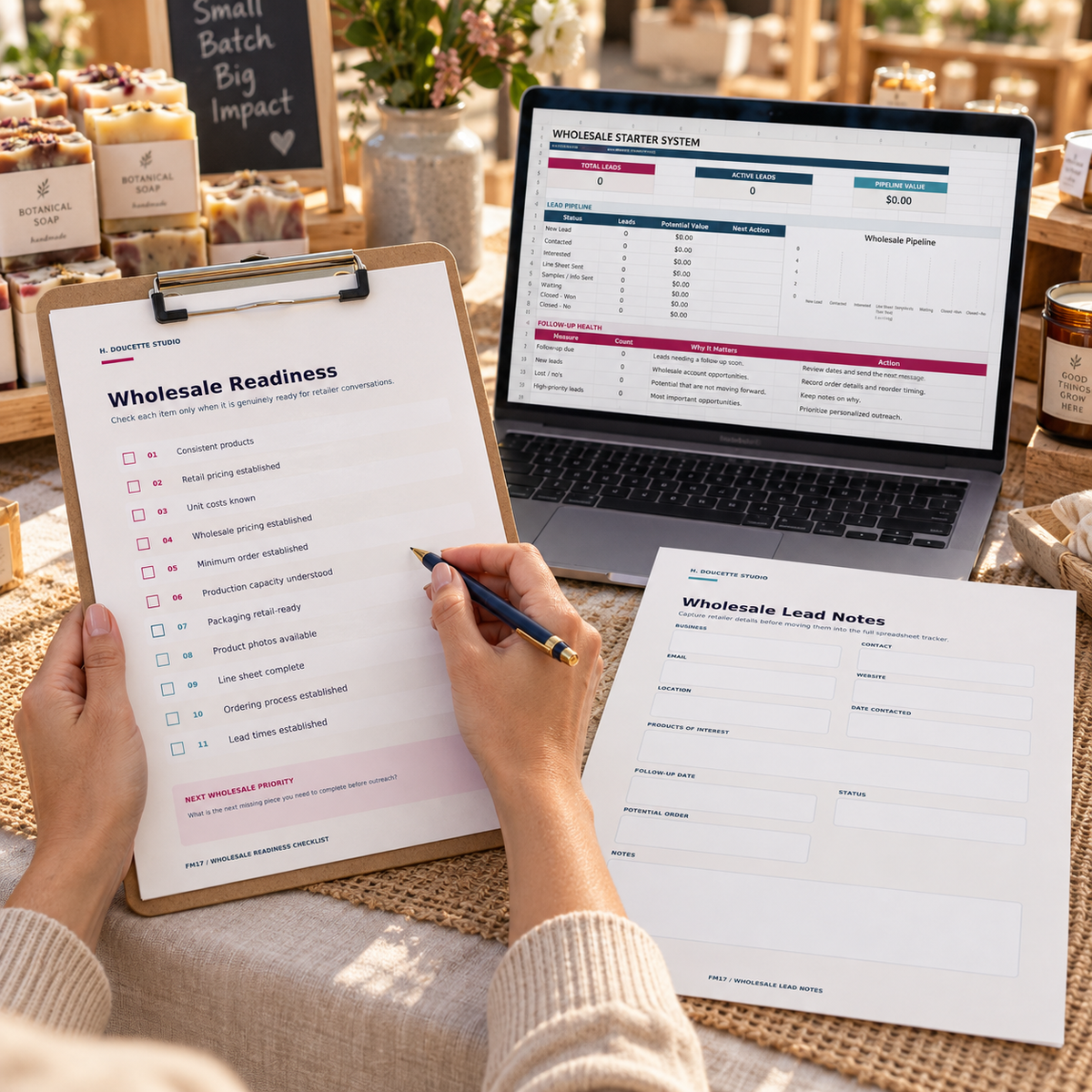 Maker completing the Wholesale Readiness Checklist beside the Wholesale Starter System tracker