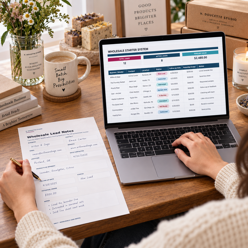 Market vendor transferring retailer lead notes into the Wholesale Starter System with two natural hands