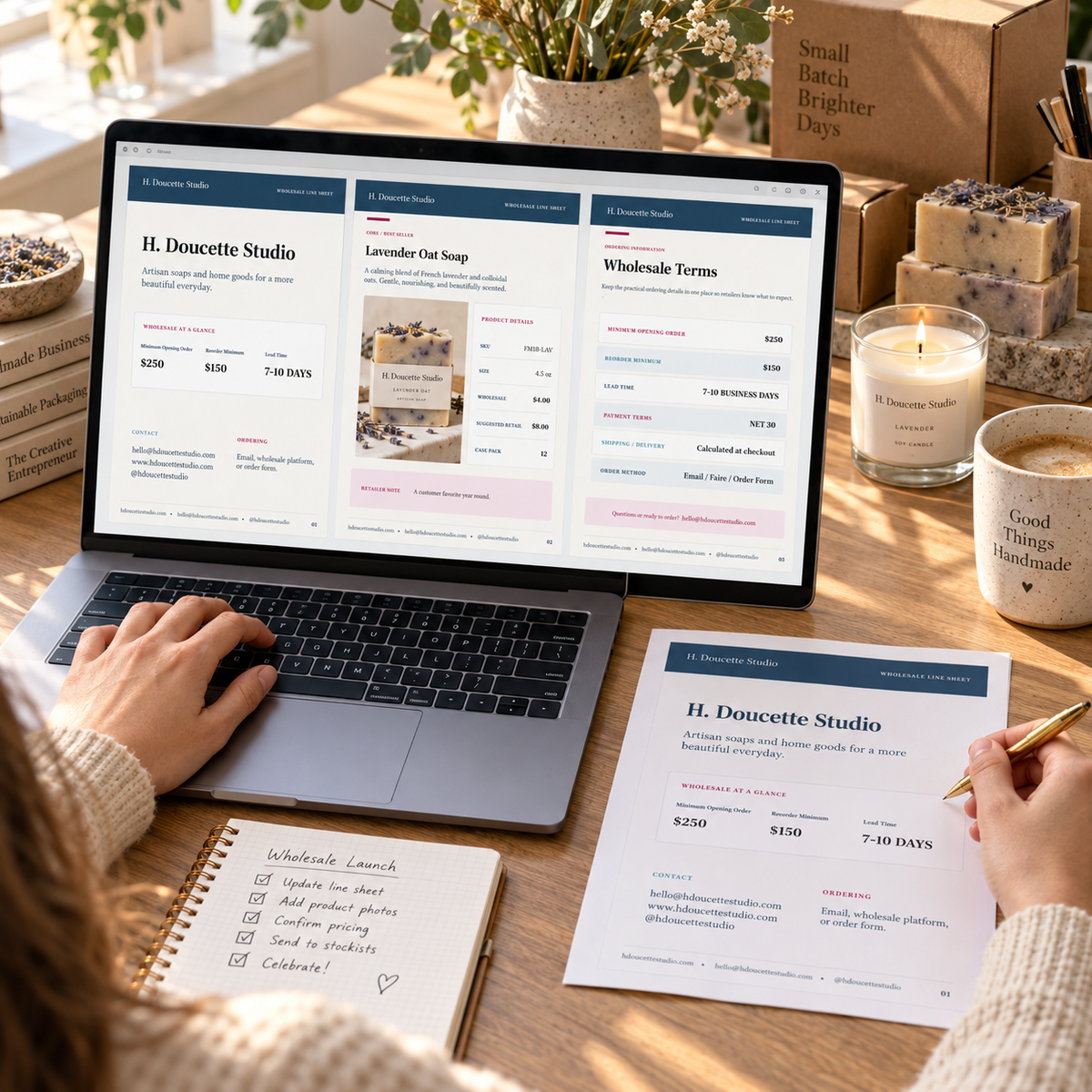 Maker customizing the Wholesale Line Sheet on a laptop beside a printed retailer catalog