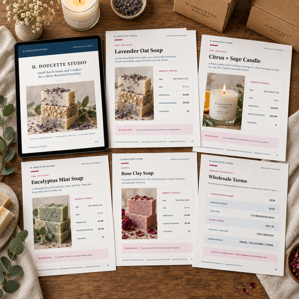 Complete eight-page Wholesale Line Sheet system with product pages and wholesale terms