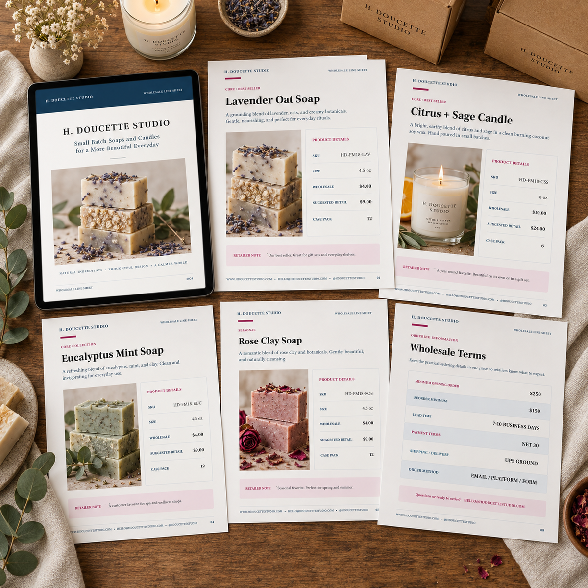 Complete eight-page Wholesale Line Sheet system with product pages and wholesale terms