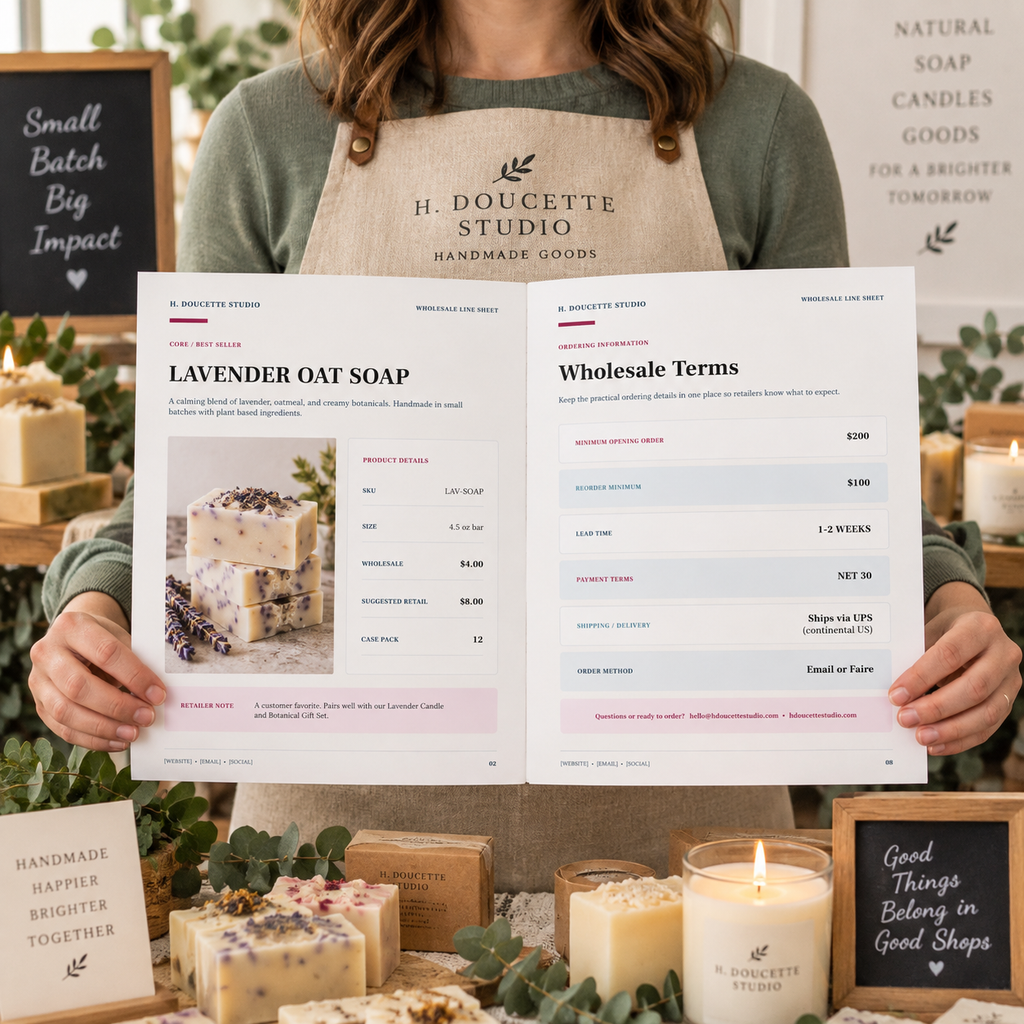 Market vendor holding the completed Wholesale Line Sheet for retailer outreach with two natural hands