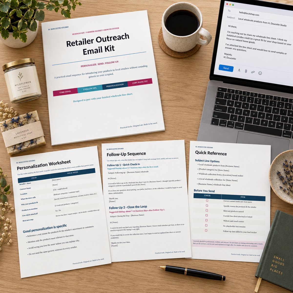 Complete five-page Retailer Outreach Email Kit with email sequence worksheet and checklist