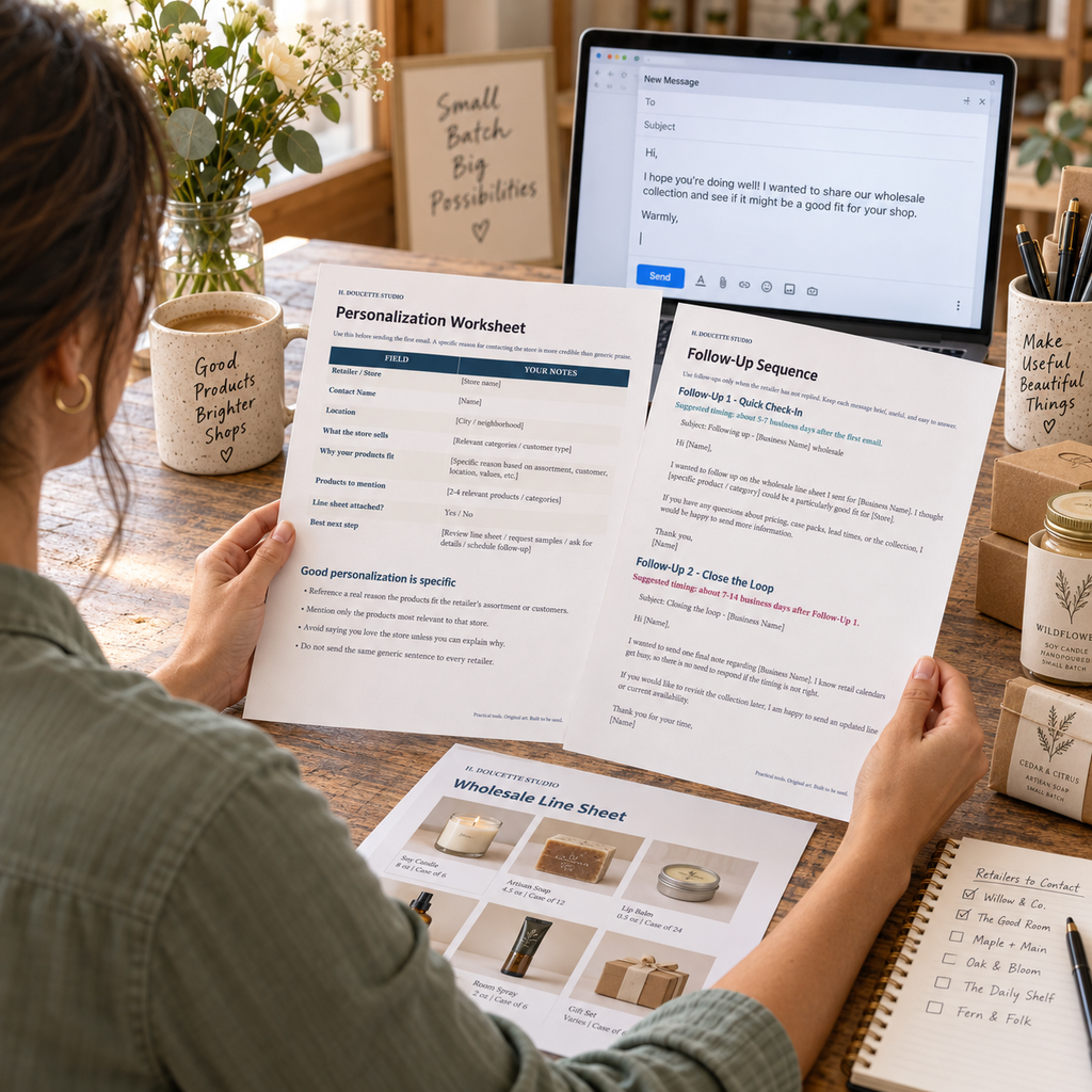 Maker using the Retailer Outreach Email Kit with two natural hands and a wholesale line sheet