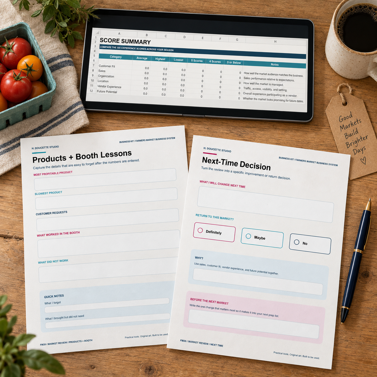 Complete Farmers Market Review system with Excel score summary and printable worksheets