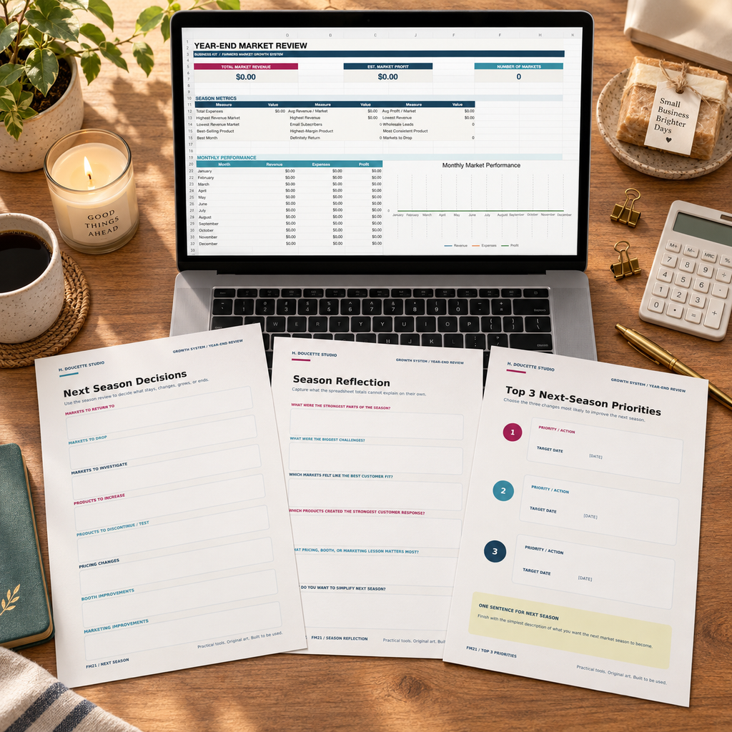 Complete Year-End Market Review system with Excel dashboard and three printable worksheets