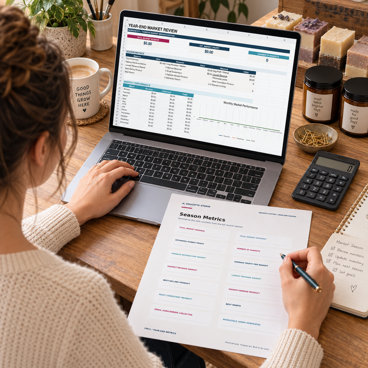 Maker completing the Year-End Market Review beside the Excel season dashboard