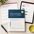 Small Business Clarity Planner workbook pages showing an offer worksheet, revenue priorities, weekly visibility plan, and 30-day action plan.