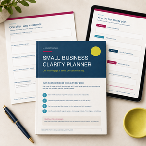 Small Business Clarity Planner workbook pages showing an offer worksheet, revenue priorities, weekly visibility plan, and 30-day action plan.