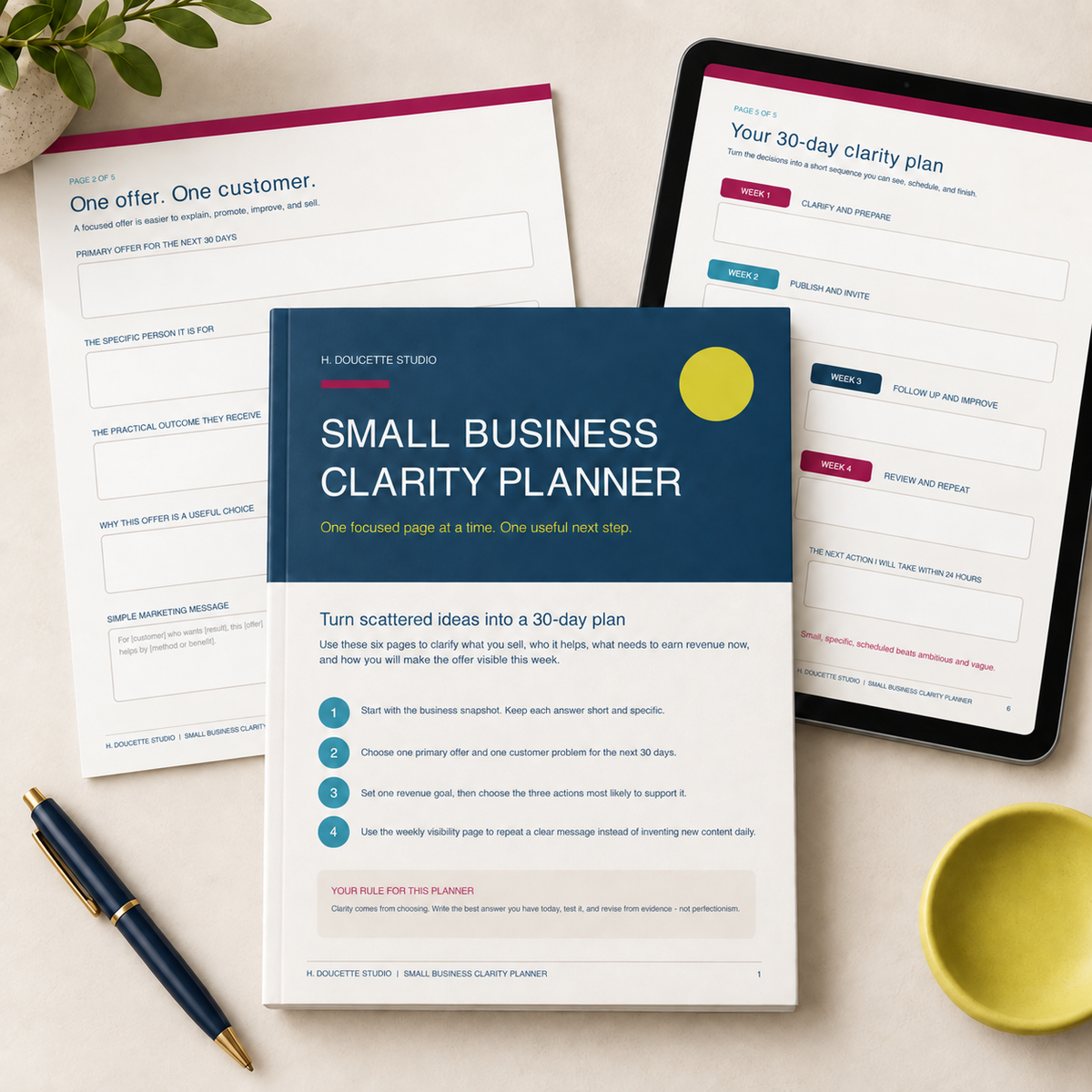 Small Business Clarity Planner workbook pages showing an offer worksheet, revenue priorities, weekly visibility plan, and 30-day action plan.