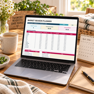 Market Season Planner redesigned dashboard shown on a laptop in a bright farmers market vendor workspace