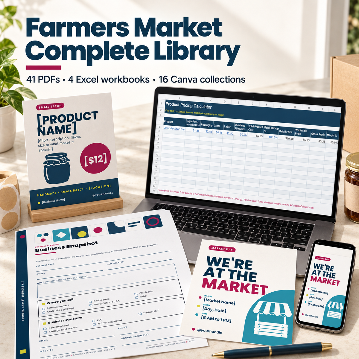 Farmers Market Complete Library with printable planners, Excel workbooks, and Canva templates