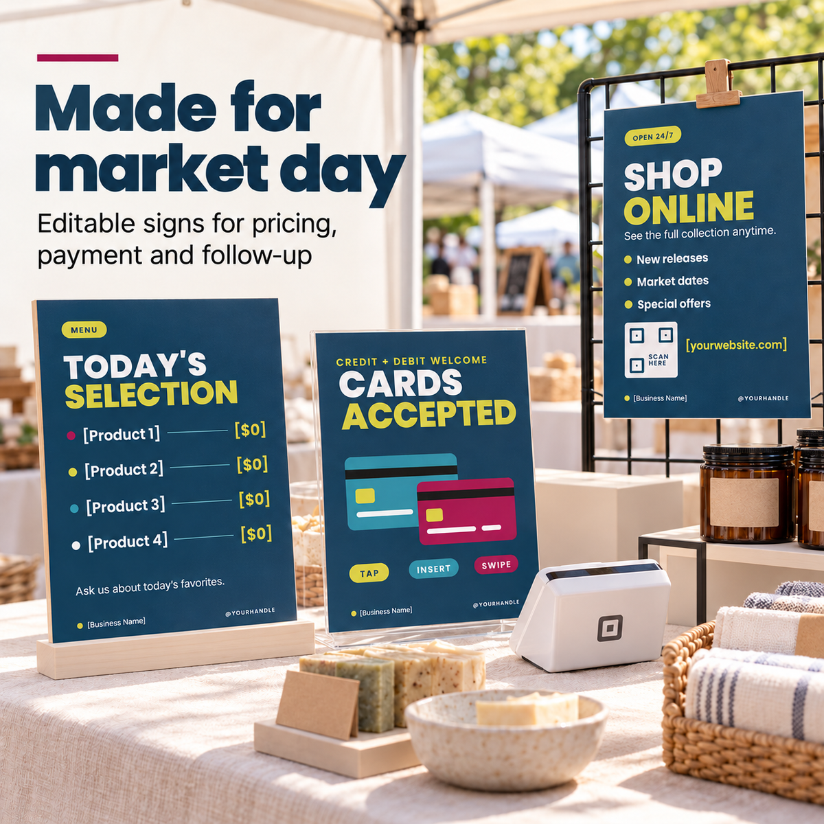 Editable farmers market booth signs shown in a real vendor display