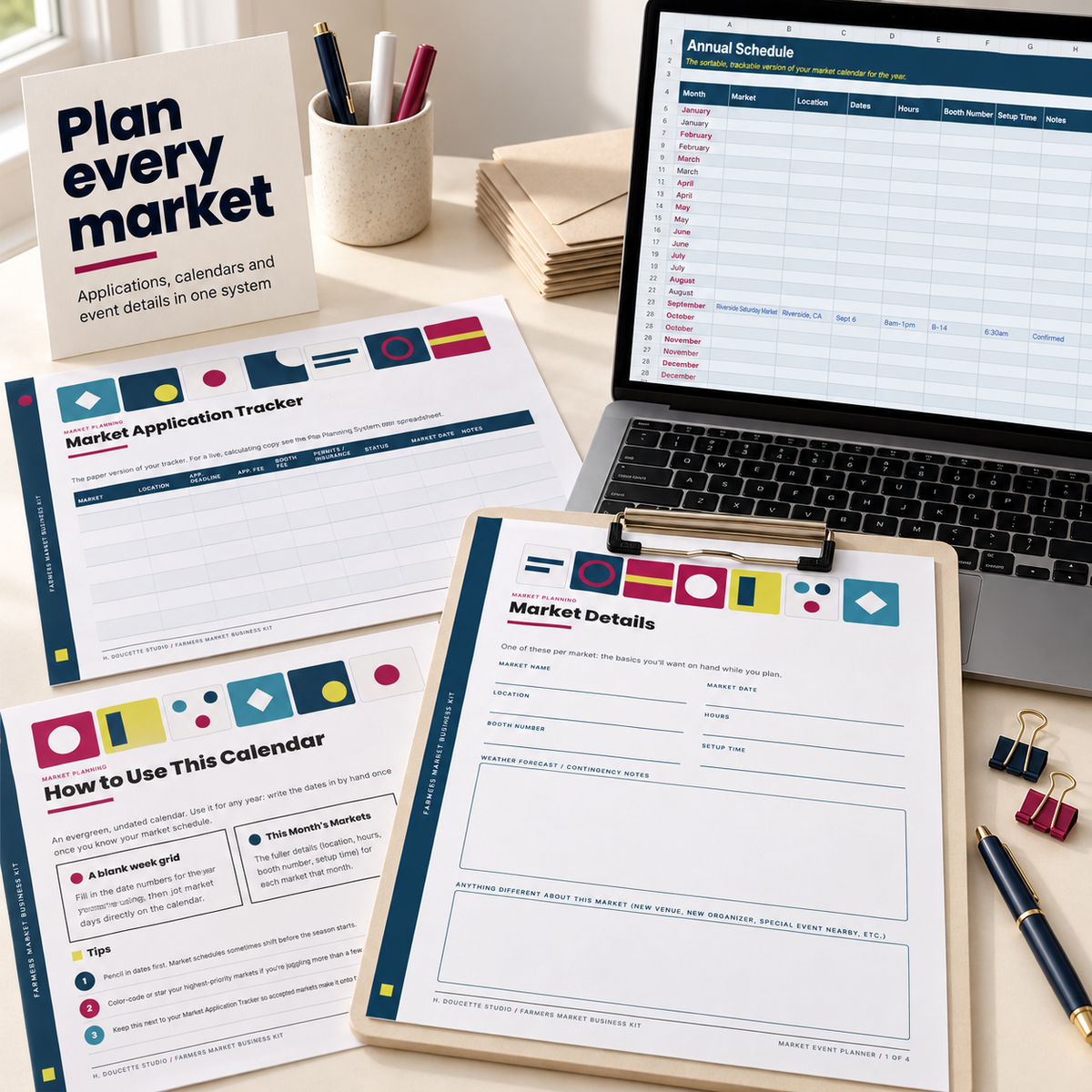 Farmers market planning tools with application tracker, calendar, event planner, and annual schedule