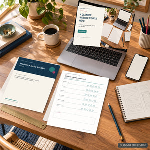 Website Clarity Toolkit workbook, scorecard, and editable hero banner shown on a warm small business planning desk.