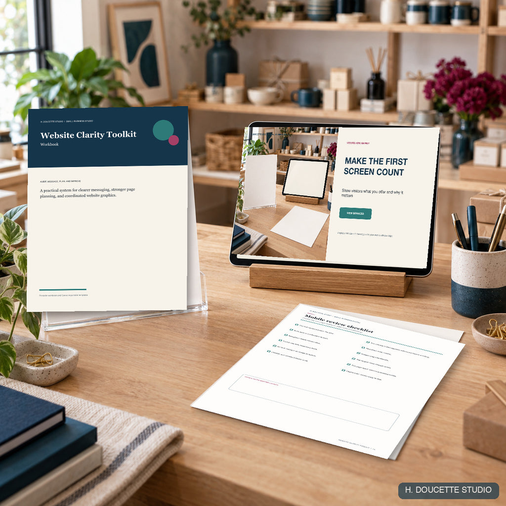 Website Clarity Toolkit workbook, mobile review checklist, and editable website banner displayed in a retail studio workspace.