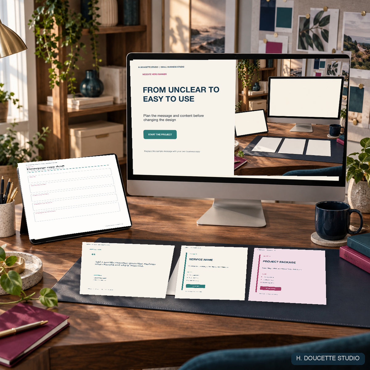 Website Clarity Toolkit homepage worksheet and editable hero, testimonial, and service card graphics shown in a creative office.