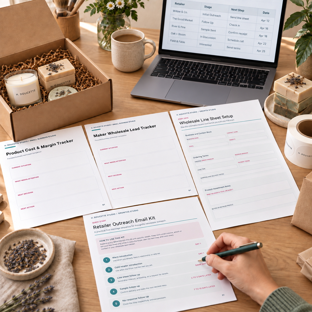 Wholesale Growth Bundle worksheets beside a packed product sample box, with one hand writing a retailer follow-up plan.