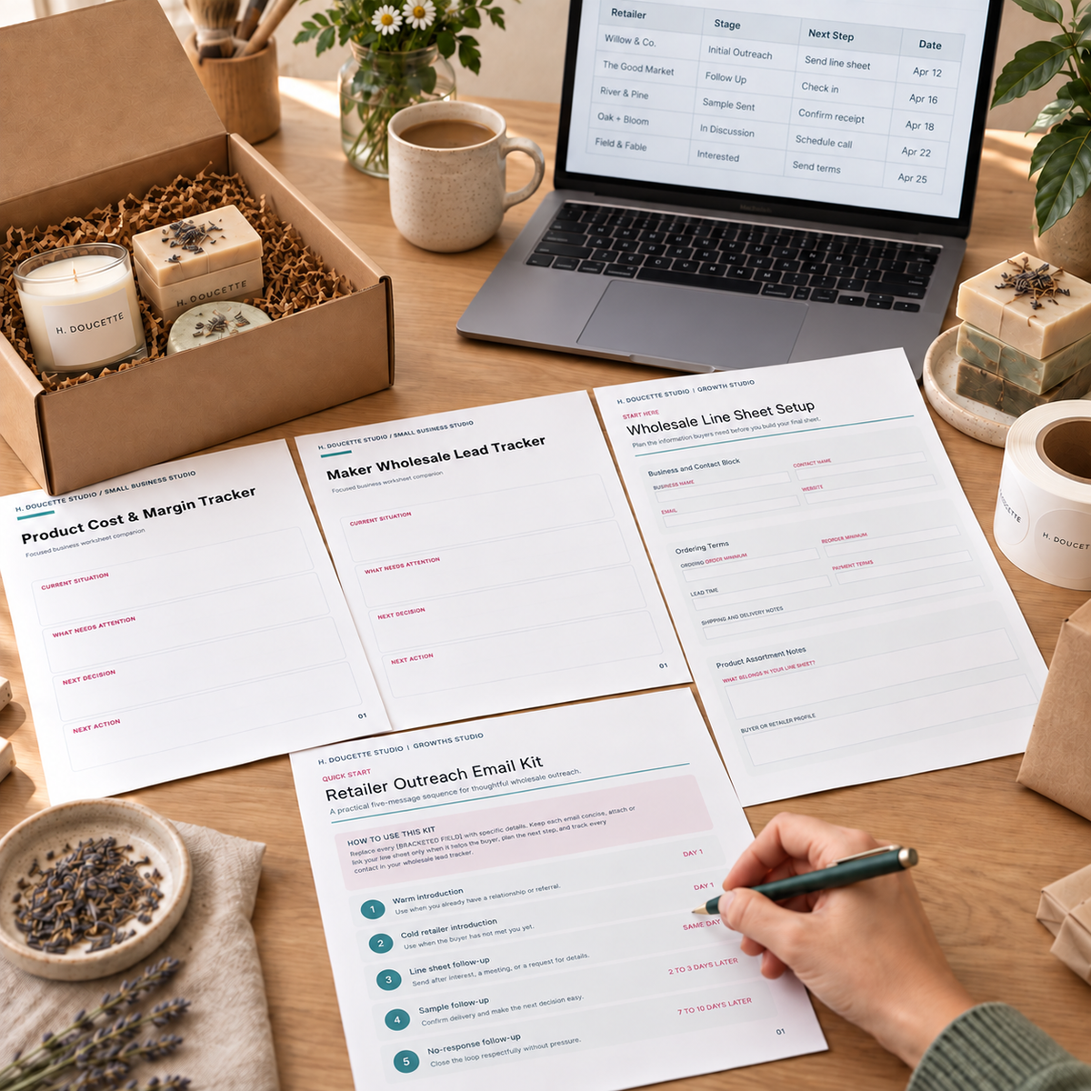 Wholesale Growth Bundle worksheets beside a packed product sample box, with one hand writing a retailer follow-up plan.