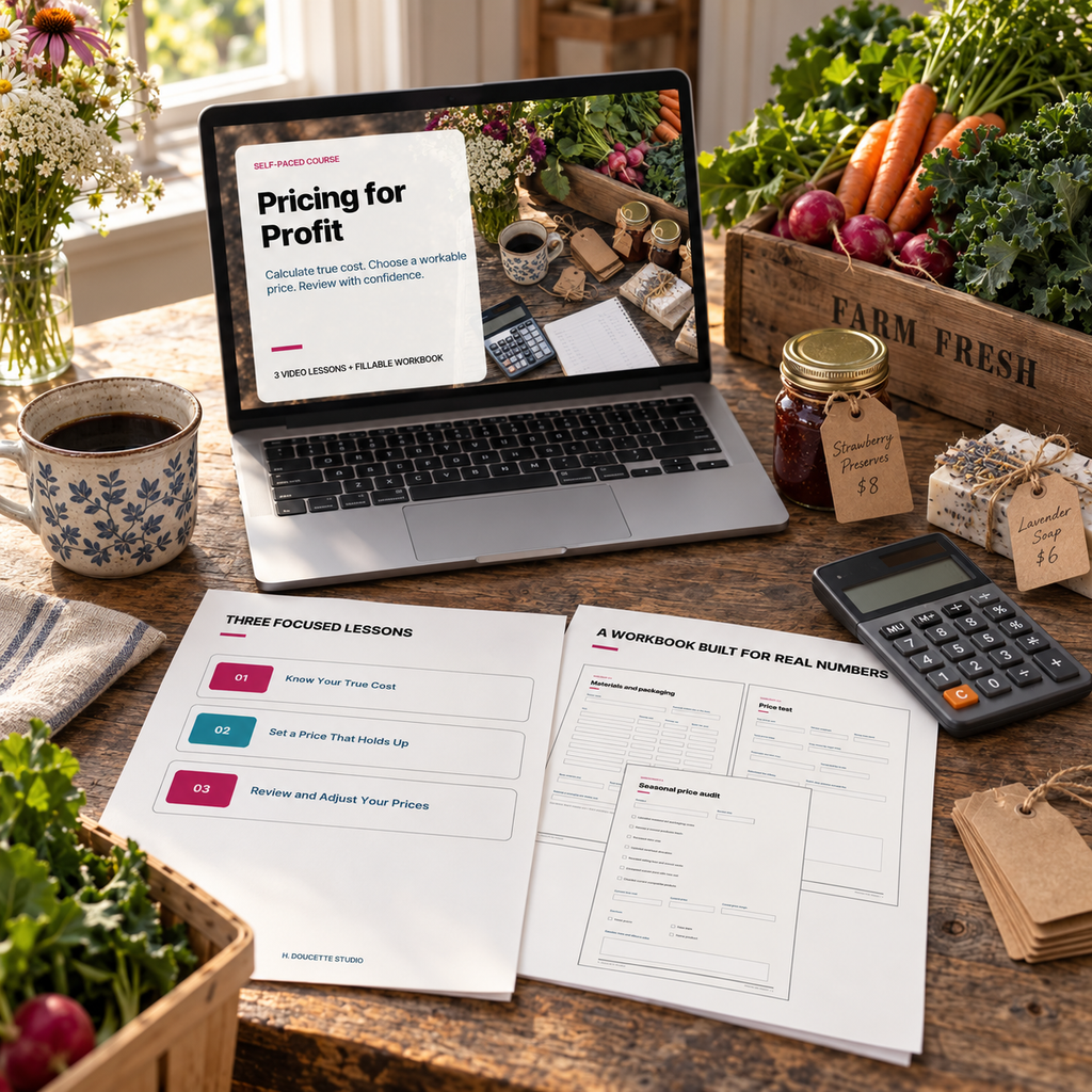 Pricing for Profit course shown on a laptop beside printed pricing worksheets, a calculator, produce, and market vendor supplies.