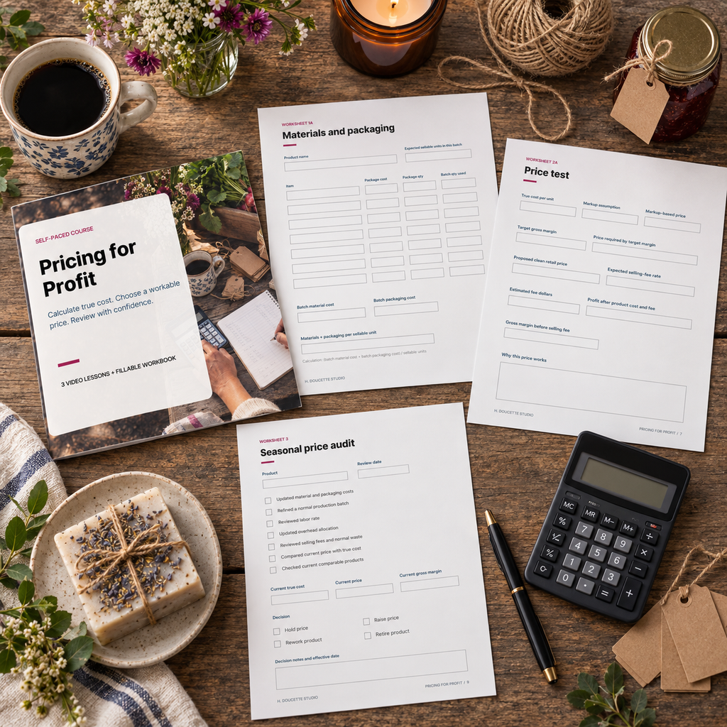 Pricing for Profit workbook and worksheets arranged on a wooden market table with a calculator, coffee, flowers, packaging supplies, and a candle.