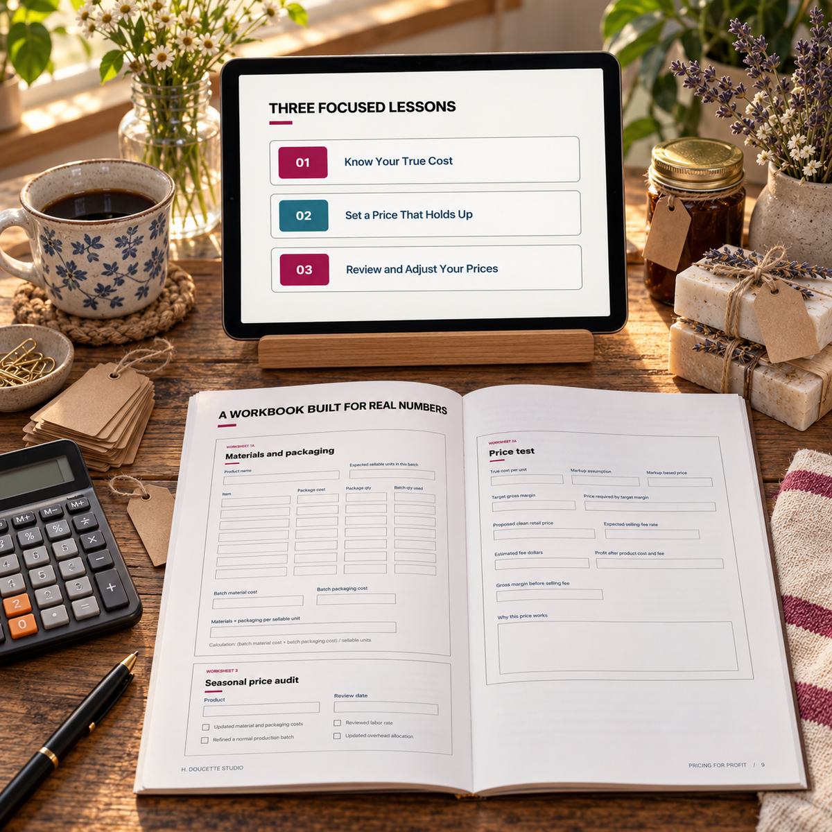 Pricing for Profit workbook open beside a tablet showing the three course lessons, with a calculator, coffee, market goods, and plants.