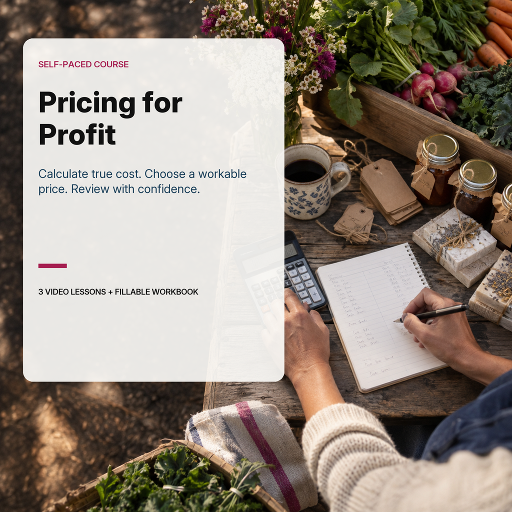 Pricing for Profit course cover with a market vendor reviewing costs at a worktable.