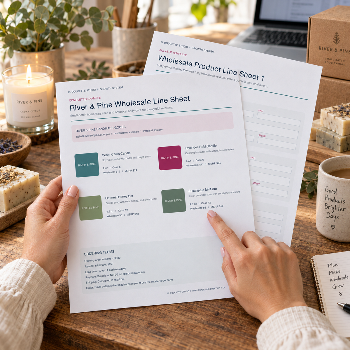 Maker reviewing the H. Doucette Studio Wholesale Line Sheet Kit with candle and soap products