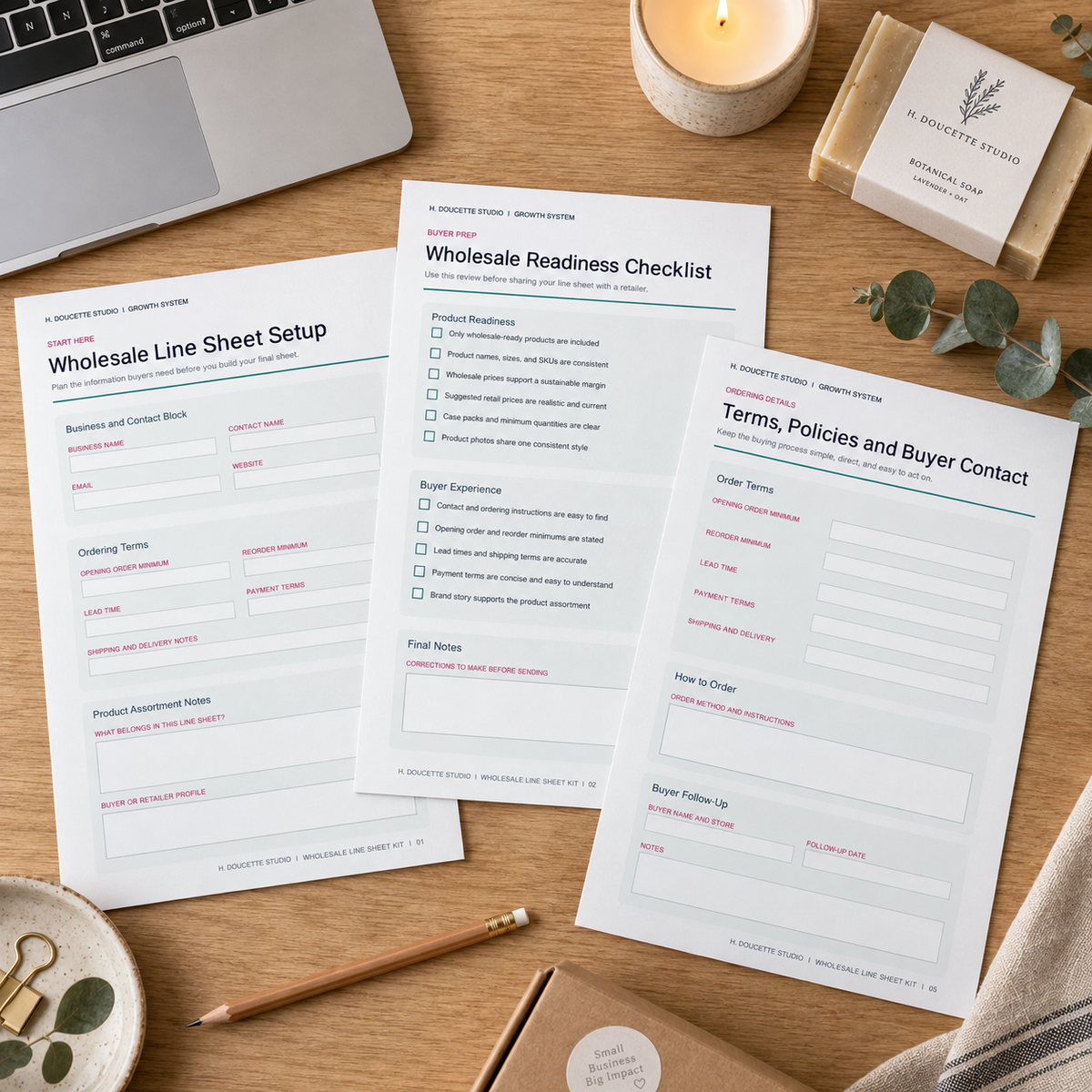 Wholesale Line Sheet Kit setup planner, readiness checklist, and order terms pages arranged on a maker studio desk