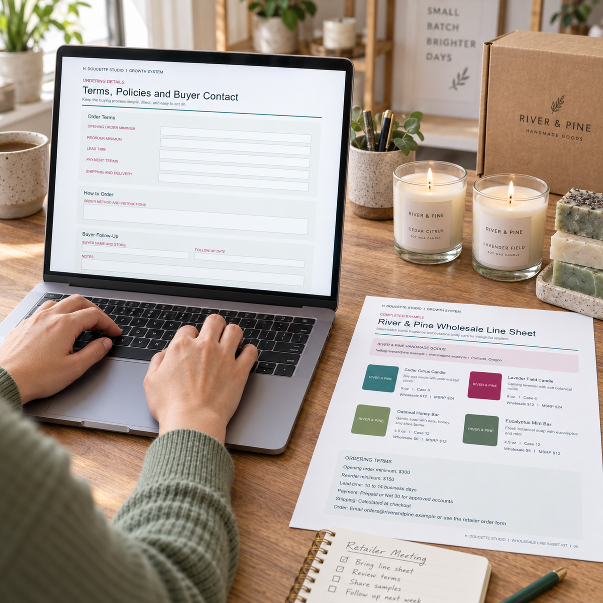 Maker preparing for a retailer meeting with the fillable Wholesale Line Sheet Kit on a laptop and printed sample