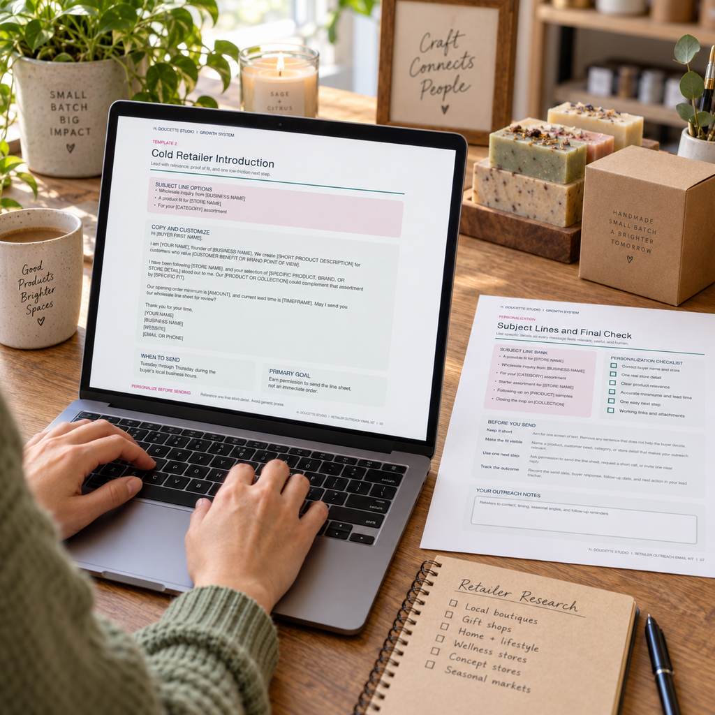 Maker writing a retailer introduction email with the Retailer Outreach Email Kit on a laptop and printed final checklist