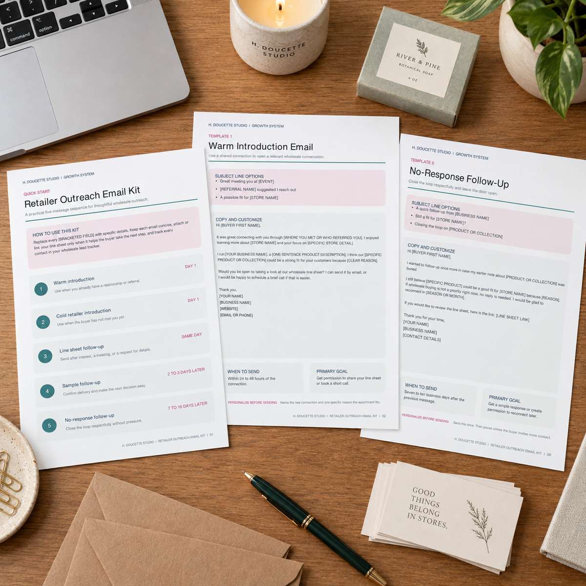 Retailer Outreach Email Kit quick-start sequence, warm introduction, and no-response follow-up pages on a maker studio desk