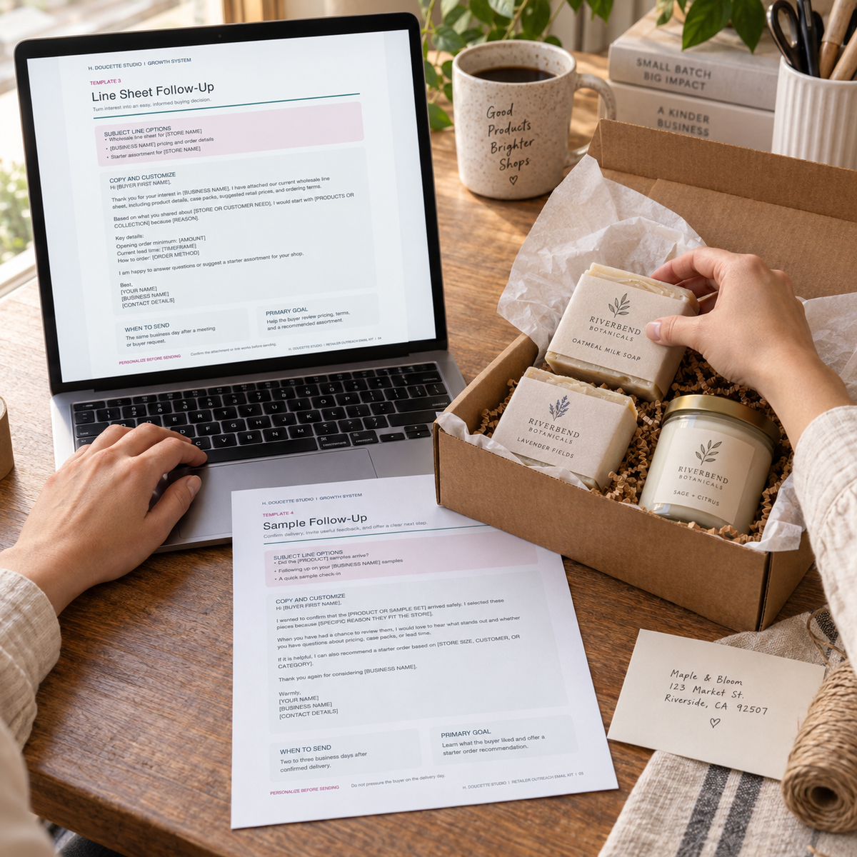 Maker preparing wholesale samples with the Retailer Outreach Email Kit sample and line sheet follow-up templates