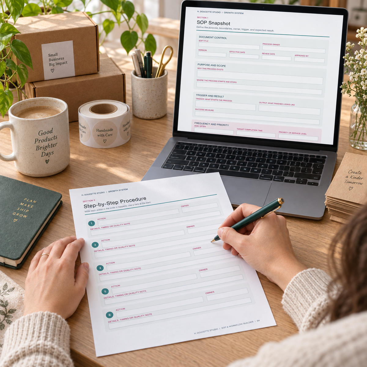 Small business owner using the fillable SOP and workflow builder at a studio desk