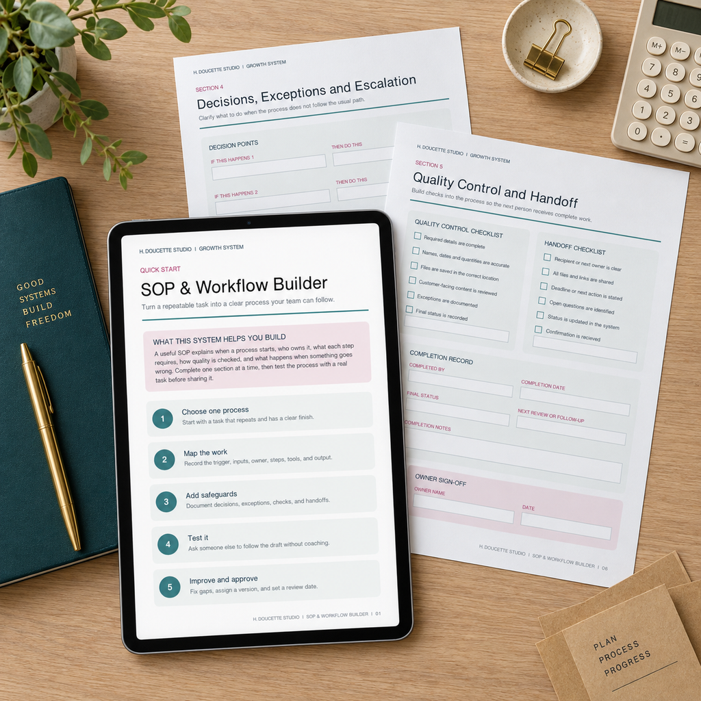 Fillable SOP and workflow builder pages arranged with a tablet and small business tools