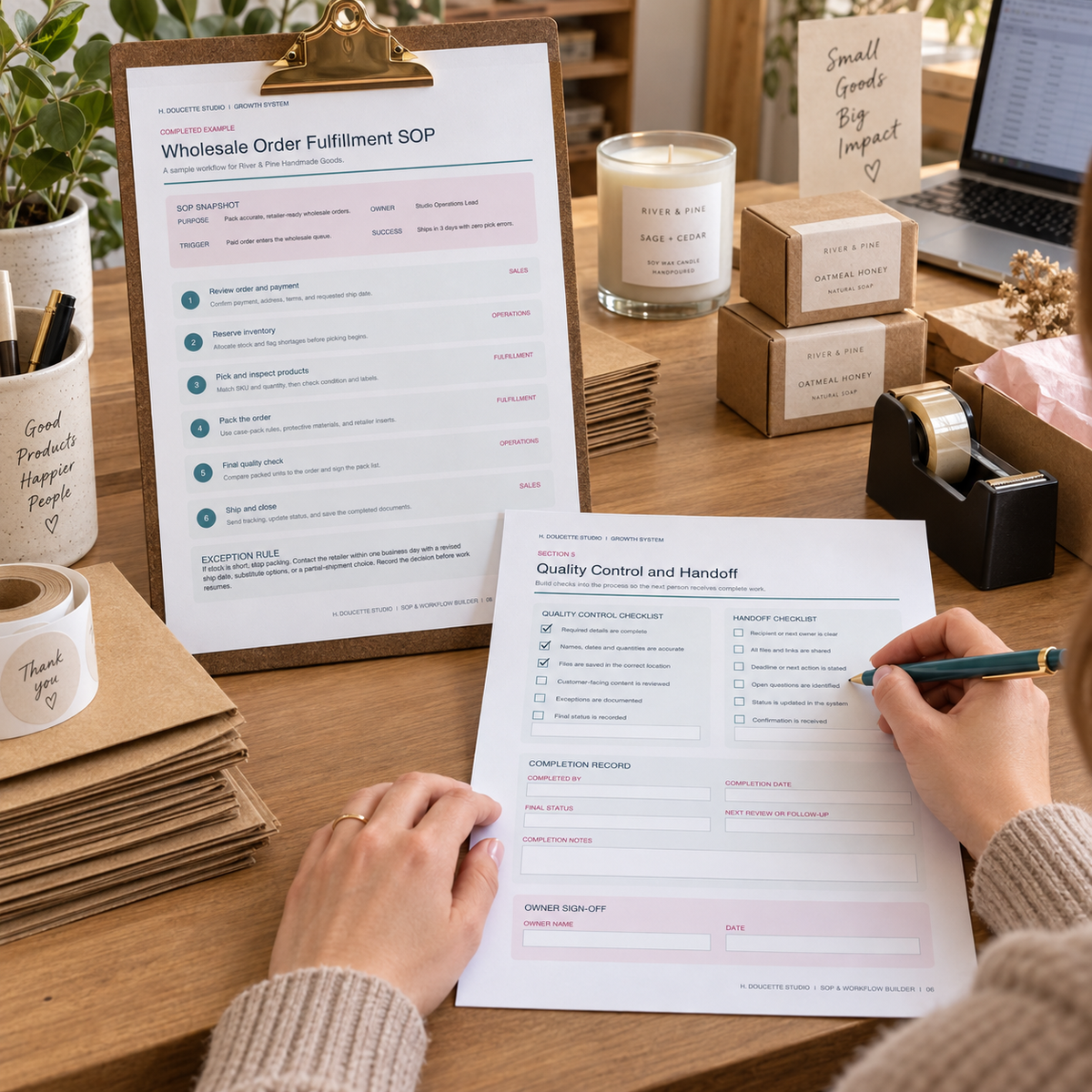 Small business owner using the SOP quality control checklist at a handmade goods packing station