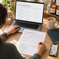 Small business owner using the weekly marketing planner at a product studio desk