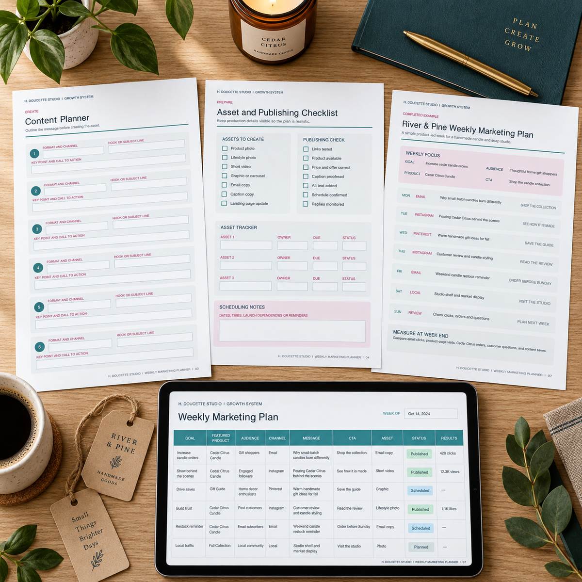 Weekly marketing planner PDF pages and spreadsheet displayed with small business tools