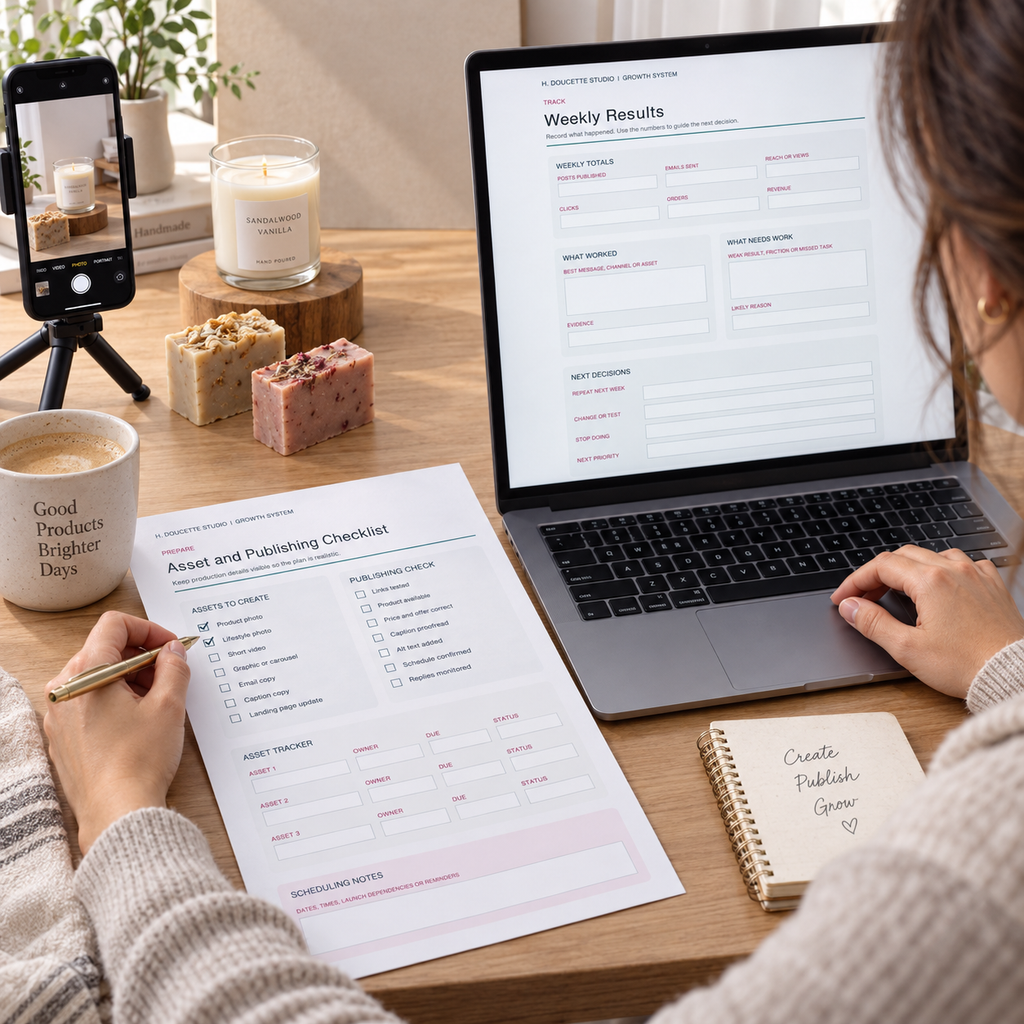 Small business owner using the asset checklist and weekly results planner during content creation