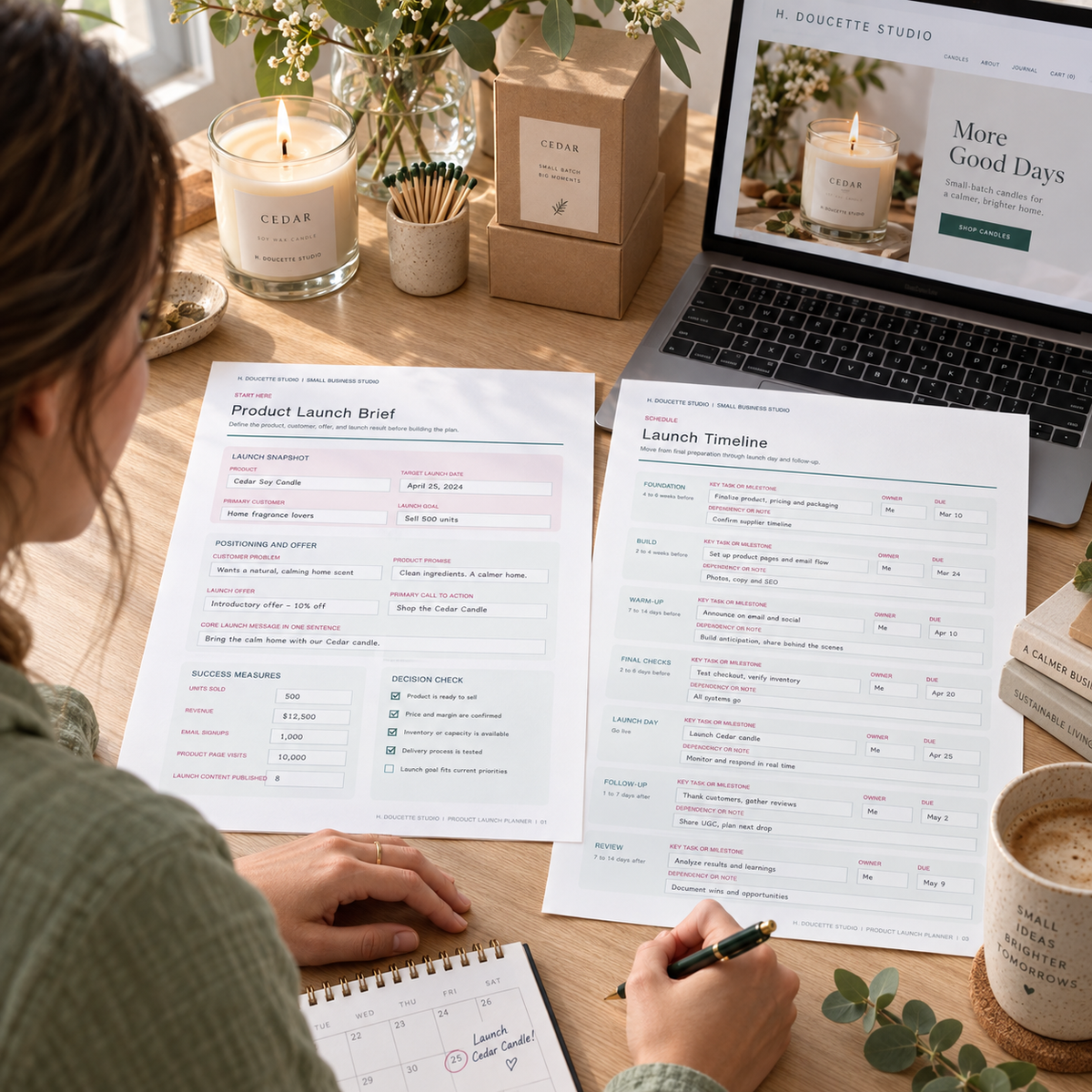 Small business owner using the Product Launch Planner at a maker studio desk